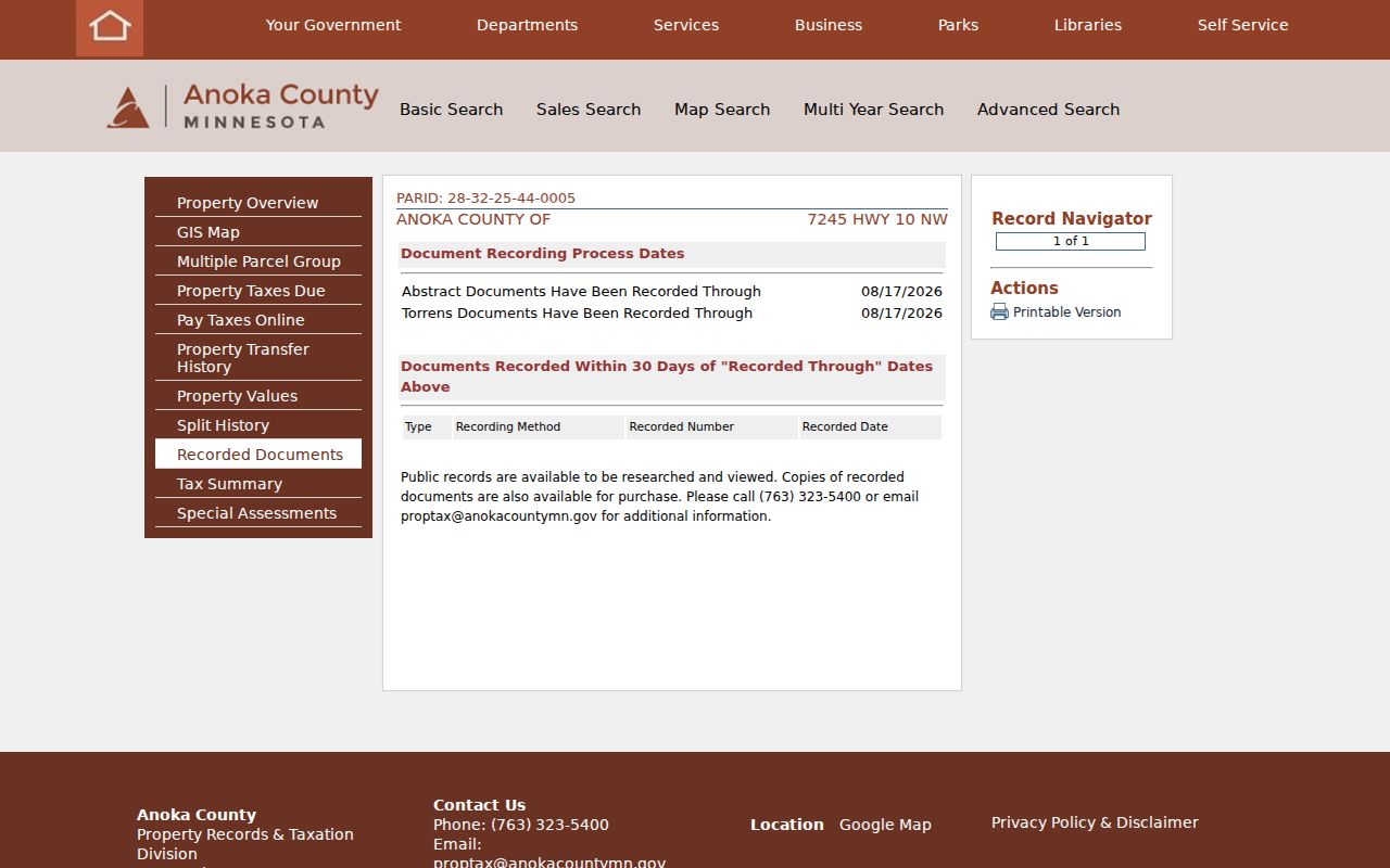 Blaine street directory recorded-document sample from Anoka County