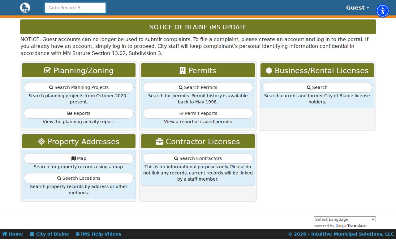 Blaine street directory iMS guest portal for permit-history address search